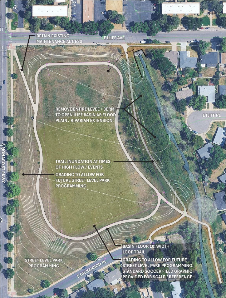 Map of Iliff Stormwater Basin with improvements that focus on Riparian Extension.