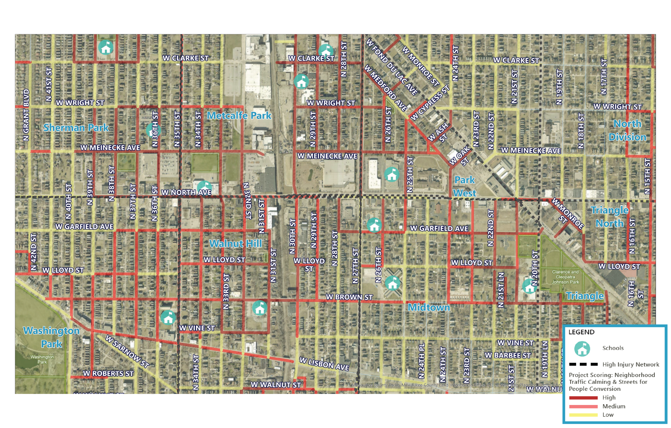 Map of Metcalfe Park Neighborhood with Streets for People Scoring Data