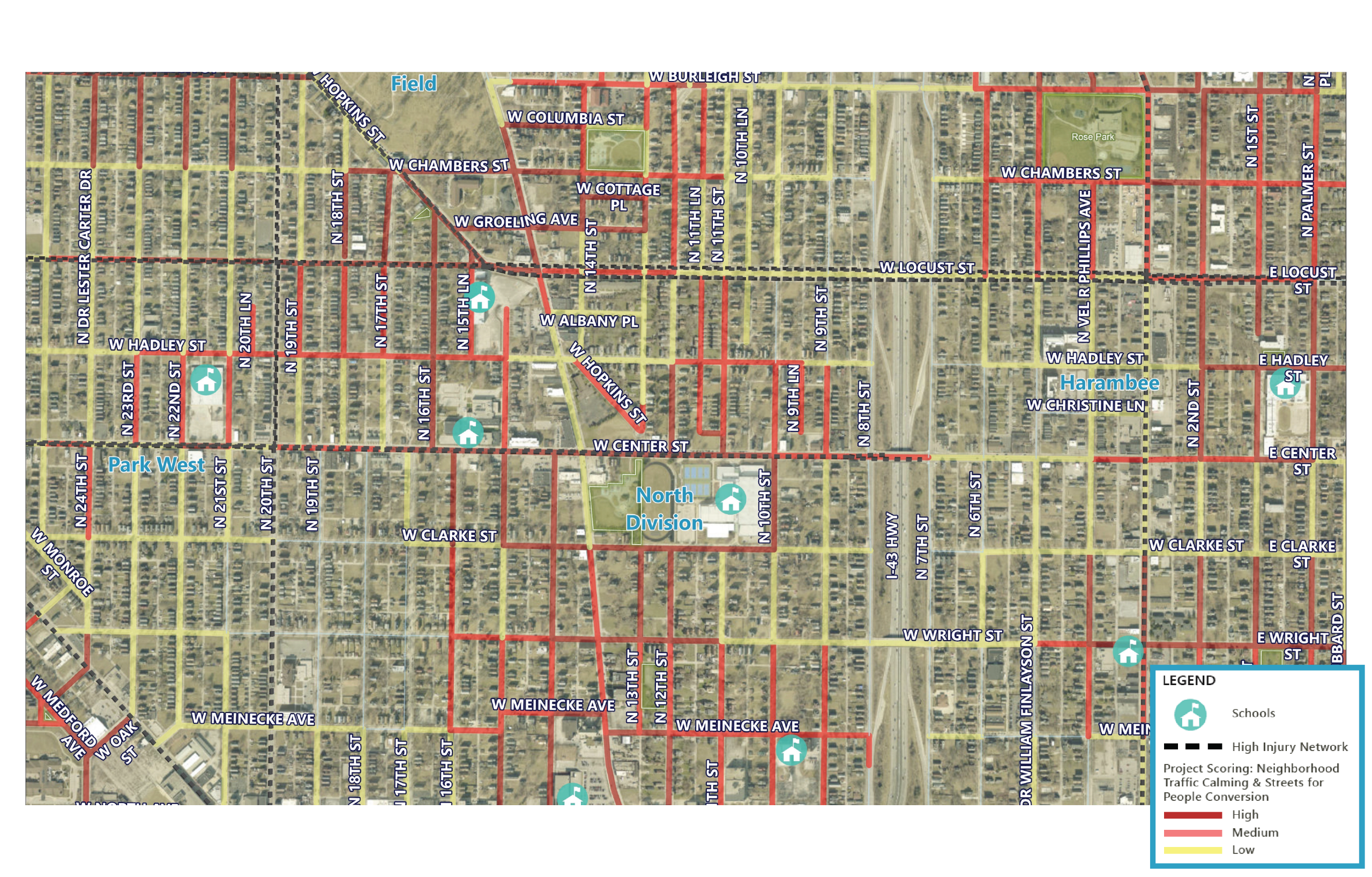 Map of Lindsay Heights Neighborhood with Streets for People Scoring Data