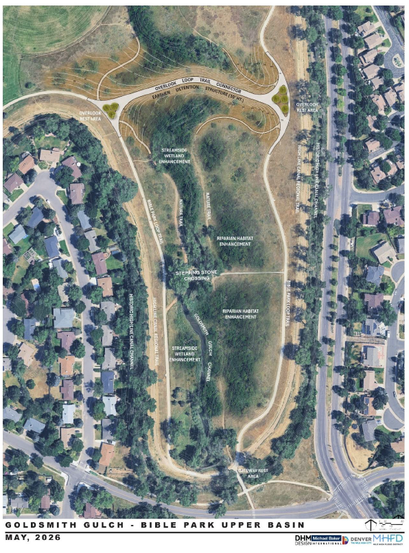 Conceptual flood storage and habitat enhancements in Bible Park designed to reduce flooding while improving natural areas and trails.