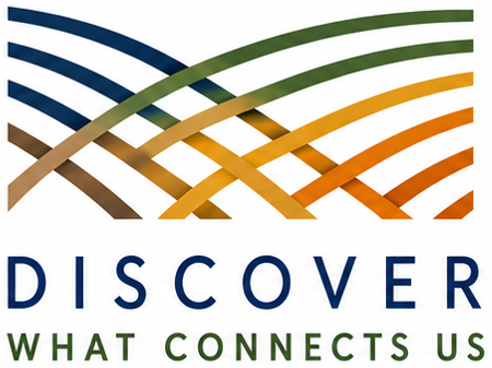 Logo featuring interwoven blue, green, gold, and orange bands forming a stylized pattern above the words “DISCOVER WHAT CONNECTS US.”
