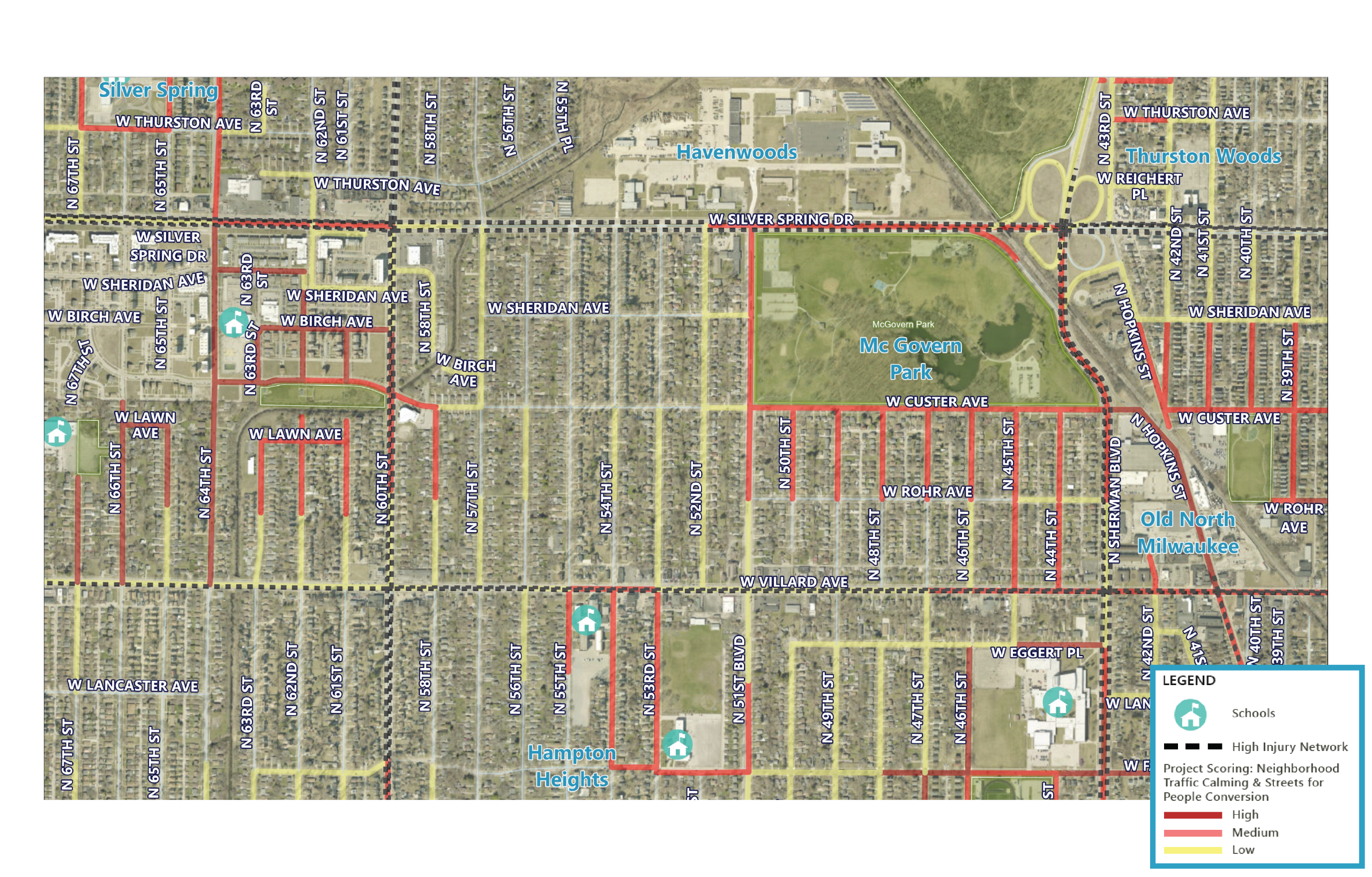 Map of McGovern Park Neighborhood with Streets for People Scoring Data