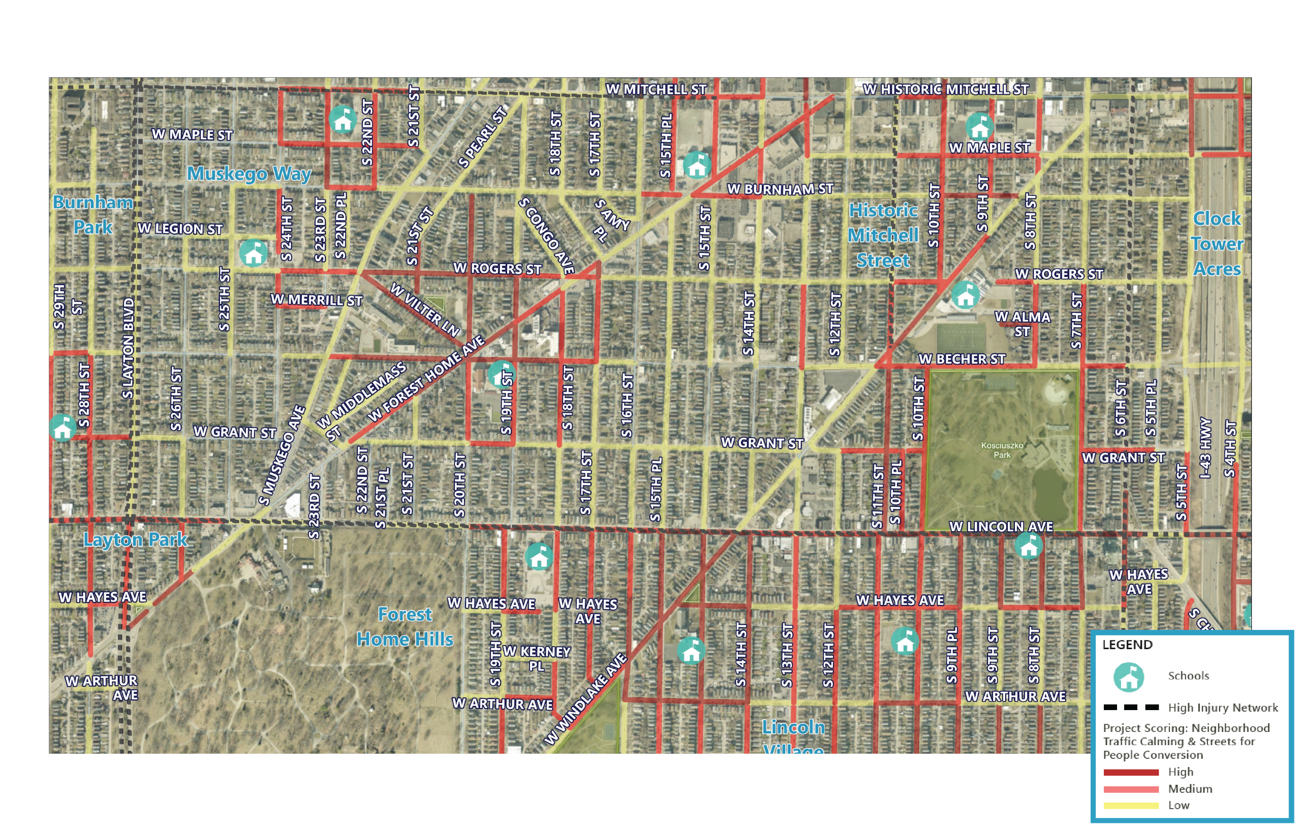 Map of Lincoln Village - Muskego Way Neighborhood with Streets for People Scoring Data